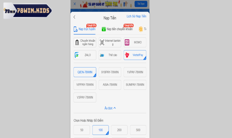Các phương thức nạp tiền nhanh trên 78win